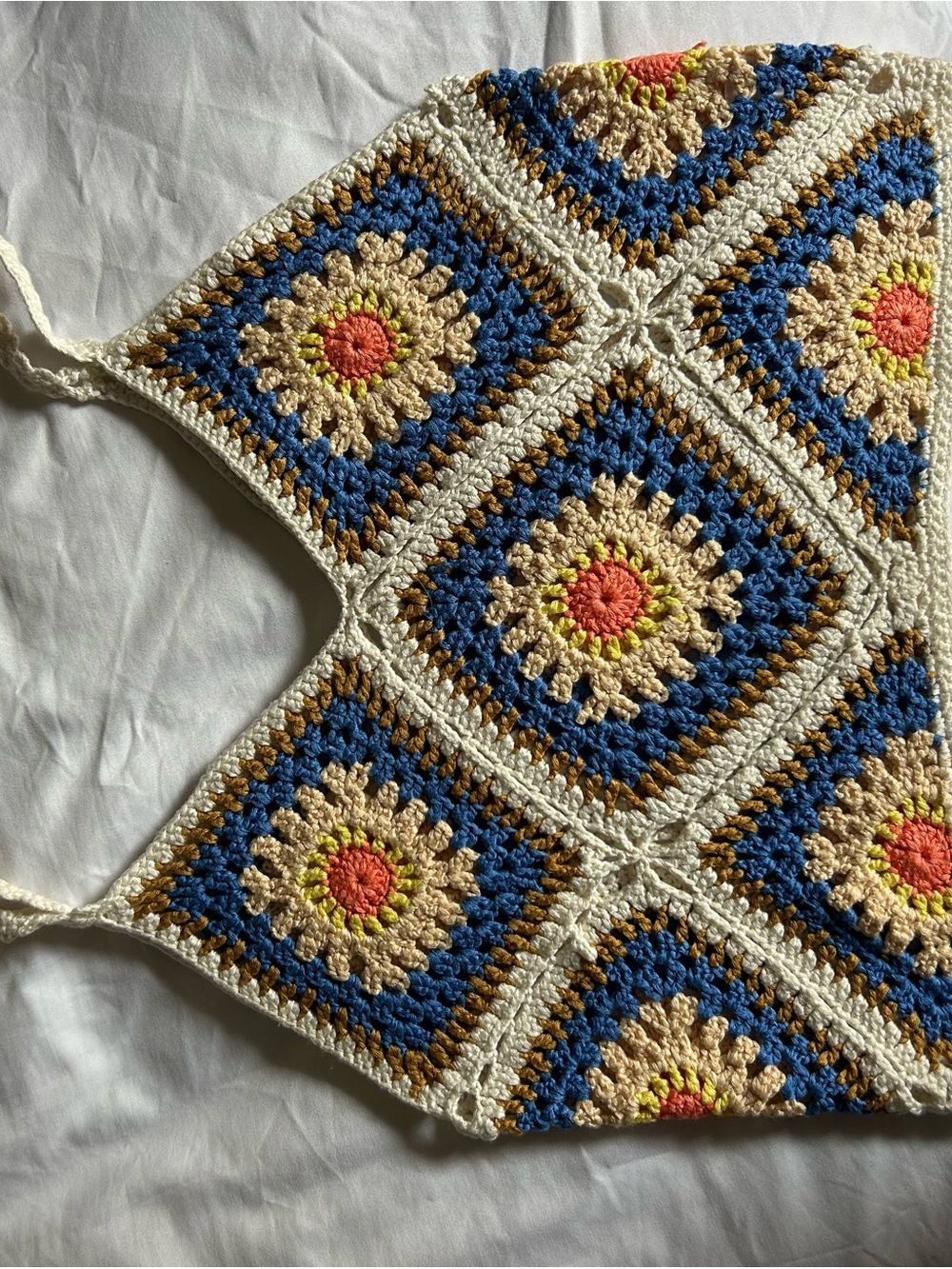 Handmade Crochet Granny Square Top in Blue, Cream, blue and coral
